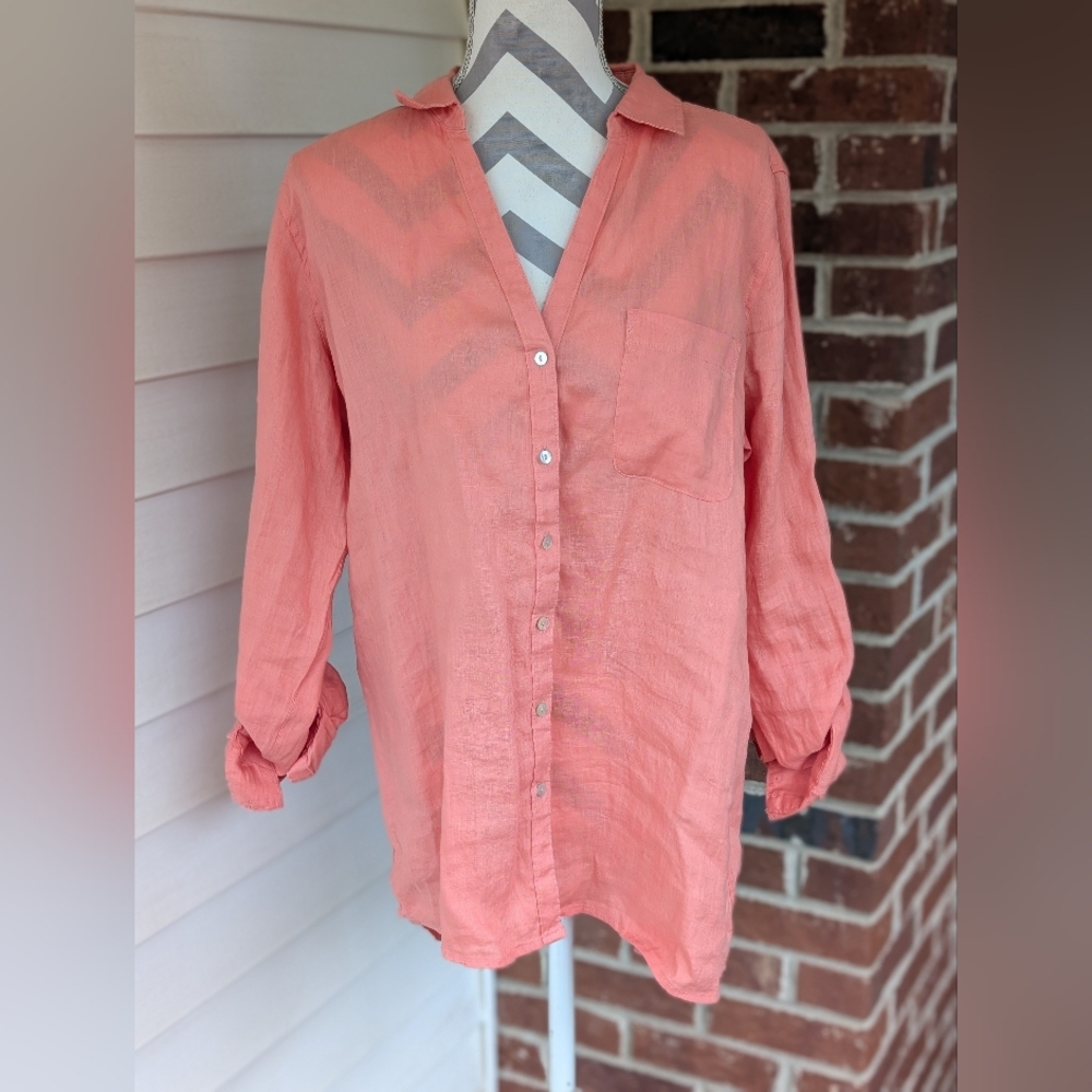 Linen Sigrid Olsen Women's Large Coral Button-Up Blouse
